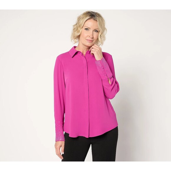 Joan Rivers Tops - Joan Rivers Red Carpet Crystal Button Front Long Sleeve Blouse Size Small Pink